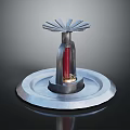 Silver Metal Decorative Object With Circular Base Red Cylinder And Radiating Top Structure 3d model