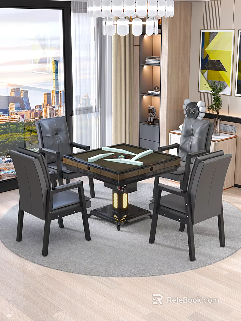 Modern Entertainment Table With Glass Top And Black Leather Chairs In Living Room 3d model 