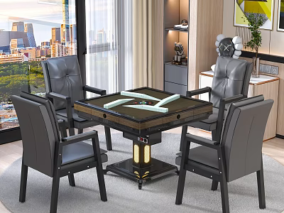 Modern Entertainment Table With Glass Top And Black Leather Chairs In Living Room 3d model