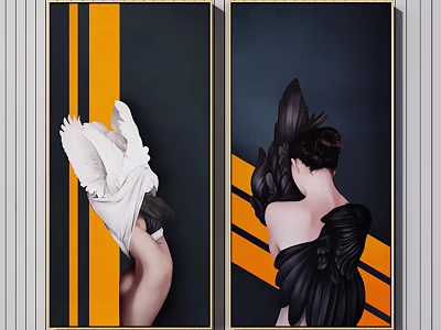 Modern Portrait Art Featuring White and Black Winged Figures with Black and Orange Striped Background 3d model