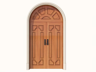 Elegant Wooden Double Doors With Arched Top Carved Patterns And Black Handles 3d model