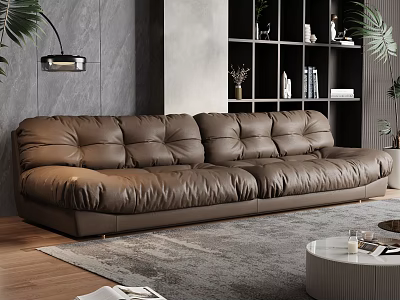 Modern Brown Leather Sofa and Round White Coffee Table Set with Living Room Rug 3d model