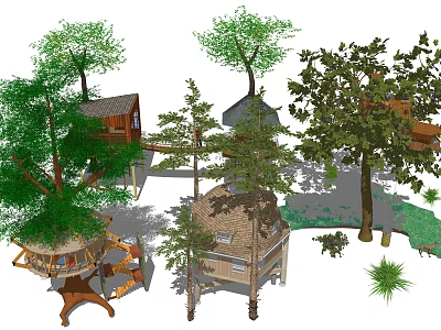 Different Tree House Designs Surrounded By Green Trees And Nature Elements 3d model