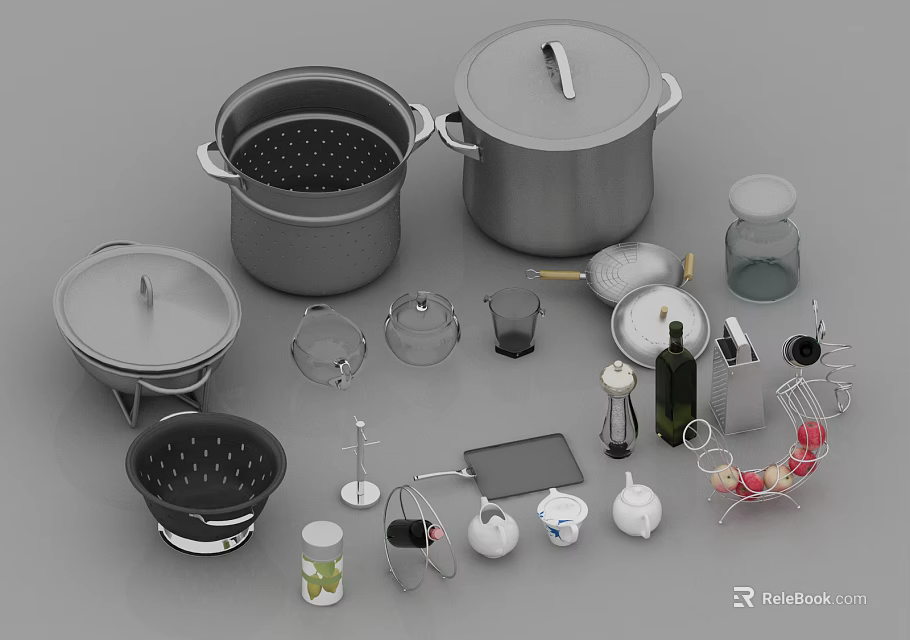 Complete Kitchen Cookware Set Including Pots Strainers Containers And Cooking Tools 3d model