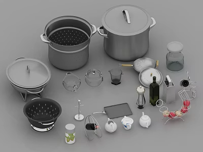 Complete Kitchen Cookware Set Including Pots Strainers Containers And Cooking Tools 3d model