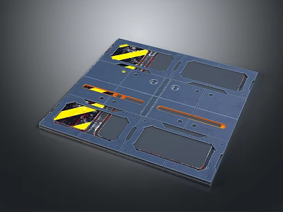 Blue Industrial Gate With Yellow Black Warning Stripes And Rectangular Circular Openings Design 3d model