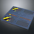 Blue Industrial Gate With Yellow Black Warning Stripes And Rectangular Circular Openings Design