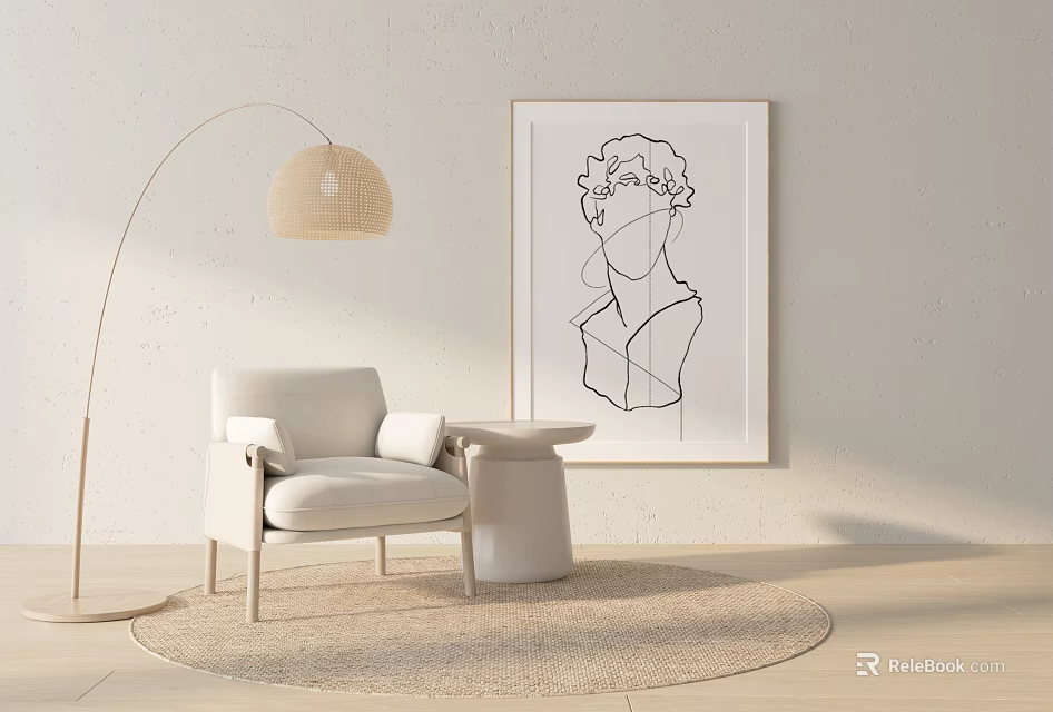 Single Sofa Minimalist Modern Interior with Line Drawing Floor Lamp Round Table and Round Rug 3d model 