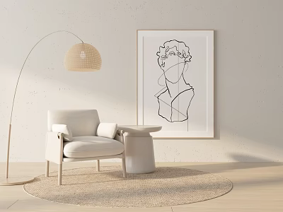 Single Sofa Minimalist Modern Interior with Line Drawing Floor Lamp Round Table and Round Rug 3d model