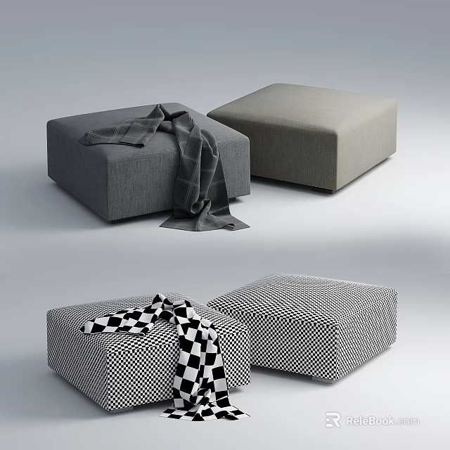 Stylish Gray Light Gray and Checkered Ottomans with Blankets for Living Space 3d model