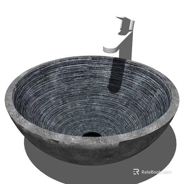 Textured Round Stone Wash Basin With Above Counter Design And Curved Faucet 3d model 