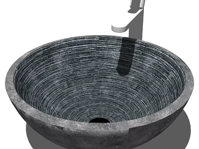 Textured Round Stone Wash Basin With Above Counter Design And Curved Faucet 3d model