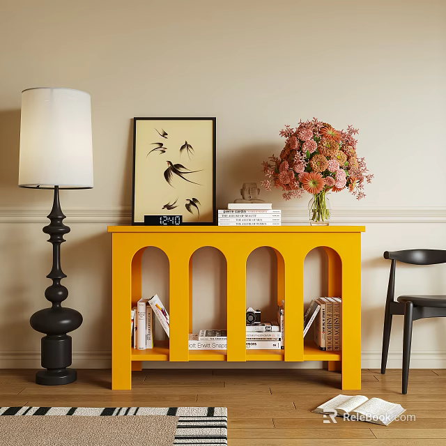 Stylish Yellow Console Table With Arched Design Books Decorative Painting And Flower Vase 3d model