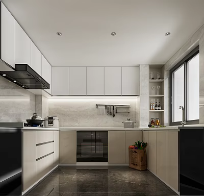 Modern Kitchen Interior With White Cabinets Black Appliances And Marble Countertops 3d model