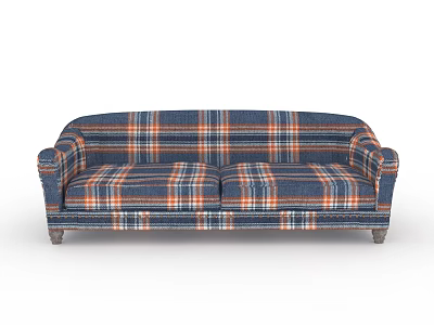 Classic Blue Orange Plaid Multi Seat Sofa With Armrests And Wooden Legs Design 3d model