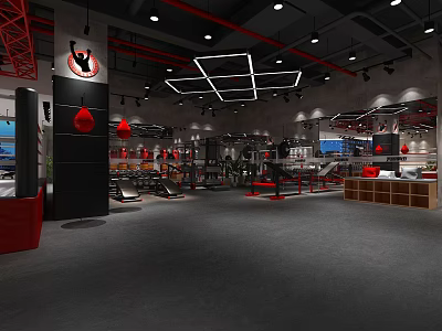Spacious Modern Fitness Gym Interior With Boxing Bags And Workout Equipment 3d model