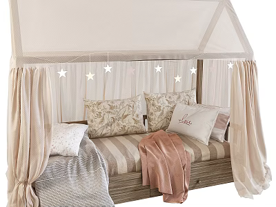 Cozy Kids Bed With Canopy Beige Curtains Star Garland And Patterned Pillows 3d model
