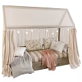 Cozy Kids Bed With Canopy Beige Curtains Star Garland And Patterned Pillows
