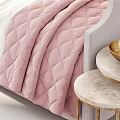 Elegant Bedroom Interior With Light Colored Bed Pink Blanket Moon Wall Art Crystal Chandelier Small Tables