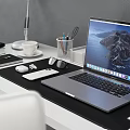 Modern Office Desk And Chair Set With Desk Lamp Laptop Bookshelf And Wall Clock