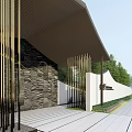 Modern Entrance Gate With Wooden Structure Stone Decoration And Green Plants Near Apartment Building