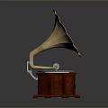 Vintage Gramophone Design With Brass Horn Wooden Base Round Turntable And Black Disc