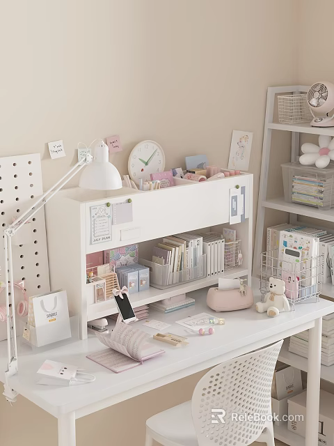 White Shelf with Clock Notebooks Stationery and Small Decorations in Cozy Pink White Desk Area 3d model 