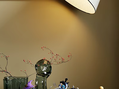 Cozy Indoor Tabletop With Lamp Glass Vase Red Berry Branches And Ornaments 3d model