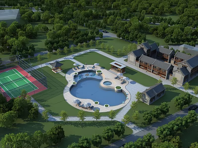 Ancient Architecture Estate With Swimming Pool Tennis Court and Lush Greenery 3d model