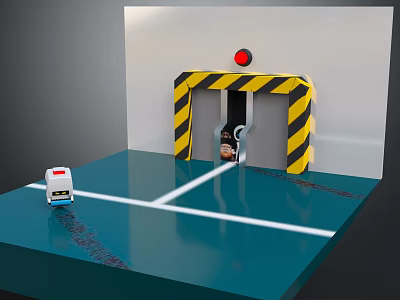 Industrial Yellow And Black Striped Gate With Red Button White Device Blue Floor White Lines 3d model