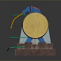 Industrial Mechanical Equipment With Gray Yellow Blue Components And Green Pipes On Brown Base
