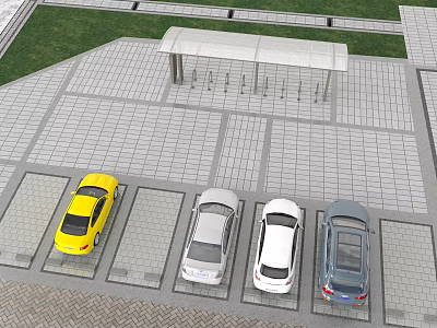 Well Organized Parking Lot With Parked Cars Covered Entrance And Tiled Ground 3d model