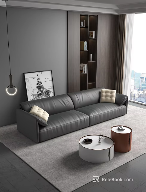 Modern Gray Leather Two Seater Sofa With Cushions Side Tables And City View Living Room 3d model 