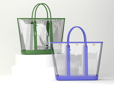 Transparent Handbags With Green And Blue Handles And Colored Bases 3d model