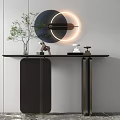 Modern Console Table Featuring Round Backlit Mirror Green Plant And Decorative Ornaments 3d model