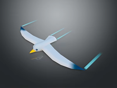 Flying White Bird With Yellow Beak Blue White Wings And Blue Trails On Gray Background 3d model