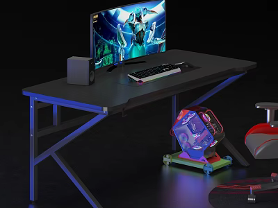Modern Gaming Desk with Curved Monitor Keyboard PC Tower and RGB Lighting 3d model