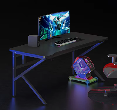 Modern Gaming Desk with Curved Monitor Keyboard PC Tower and RGB Lighting 3d model
