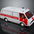 White and Red Emergency Ambulance Vehicle with Medical Cross and Emergency Lights