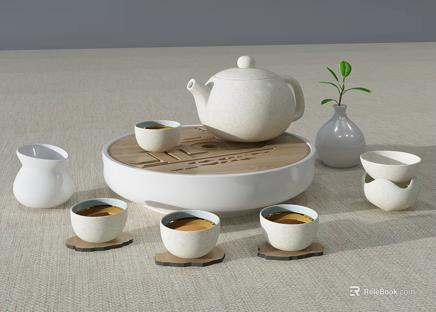 Elegant White Ceramic Tea Set with Teapot Cups Wooden Tray and Small Plant Vase 3d model 