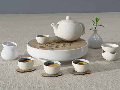 Elegant White Ceramic Tea Set with Teapot Cups Wooden Tray and Small Plant Vase 3d model