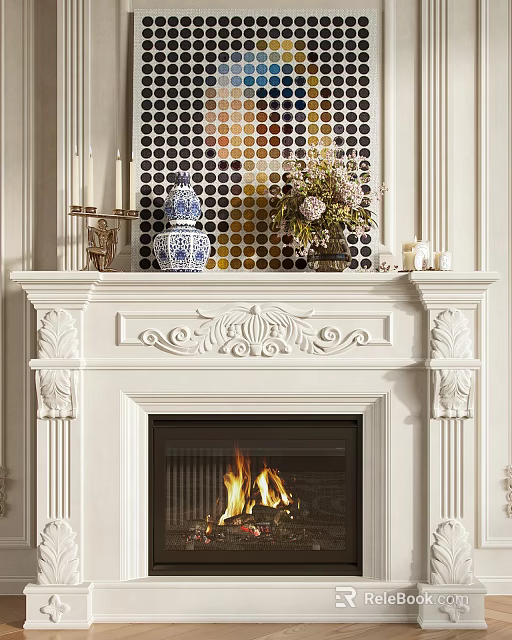 Classic White Carved Fireplace Mantel With Blue White Vase Flower Arrangement And Candles 3d model 