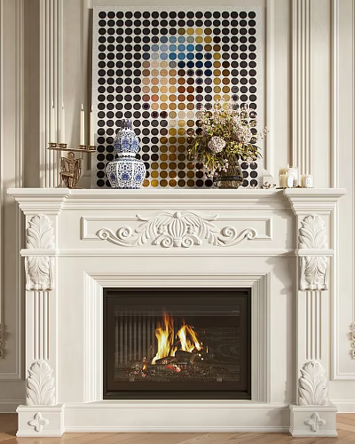 Classic White Carved Fireplace Mantel With Blue White Vase Flower Arrangement And Candles 3d model