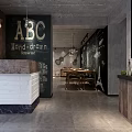 Industrial Style Restaurant Interior With Brick Walls Wooden Tables And Decor Paintings