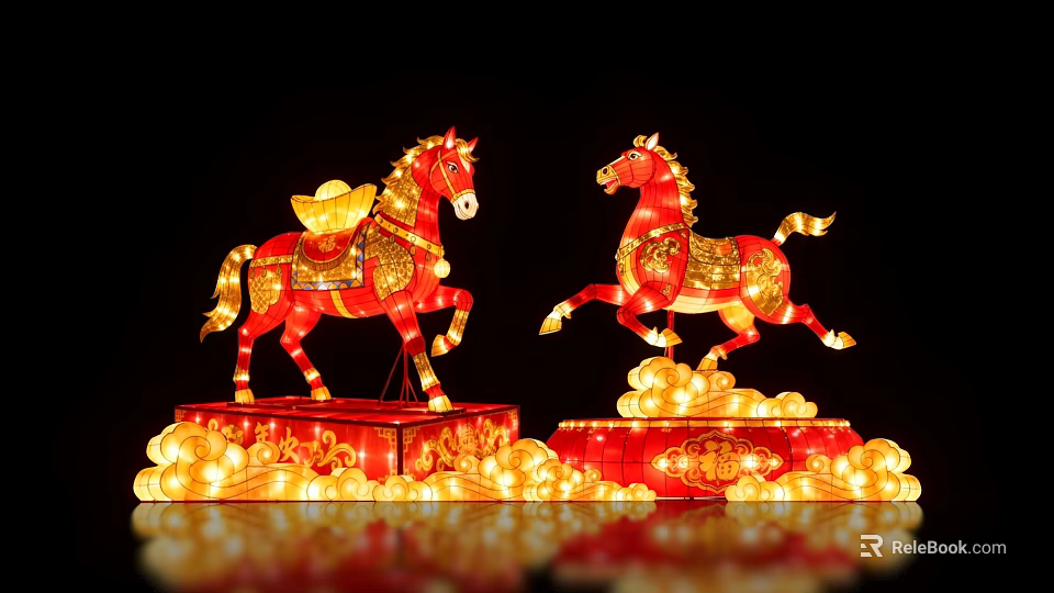 Red Horse Lanterns With Golden Ornaments And Cloud Base Photo Check-in Spot For Festive Events 3d model 