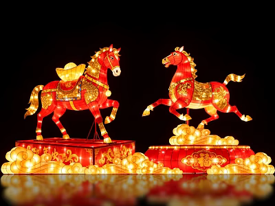 Red Horse Lanterns With Golden Ornaments And Cloud Base Photo Check-in Spot For Festive Events 3d model