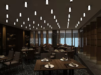Modern Restaurant Interior With Chandeliers Wooden Tables Chairs And Large Windows 3d model