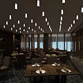 Modern Restaurant Interior With Chandeliers Wooden Tables Chairs And Large Windows