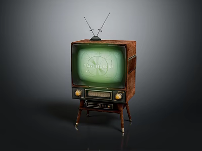 Vintage Television with Antenna and Test Pattern Screen on Brown Case with Knobs and Stand 3d model