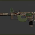 Rusty Barrel Firearm With Green Components And Mechanical Structure Design